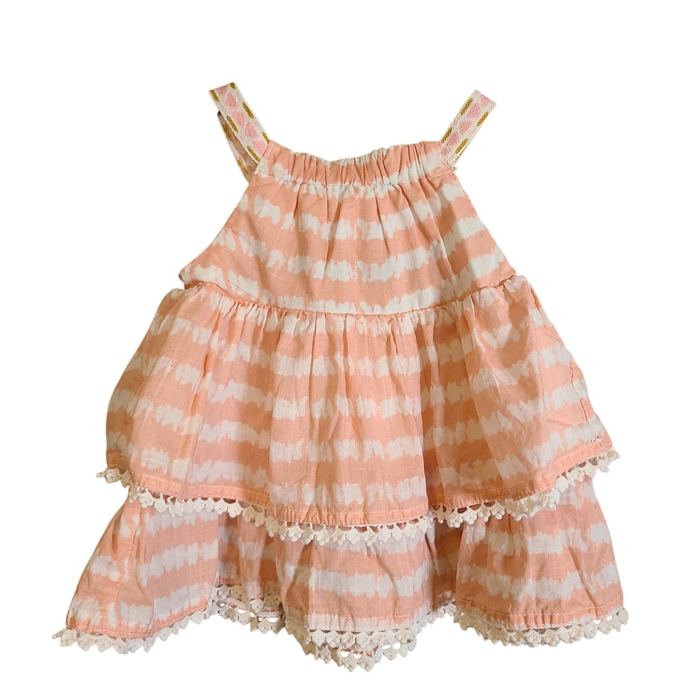 Tommy Bahama Tiered Top Baby Girls 3-6M Peach Pink Ikat Stripe Crochet Trim Exc